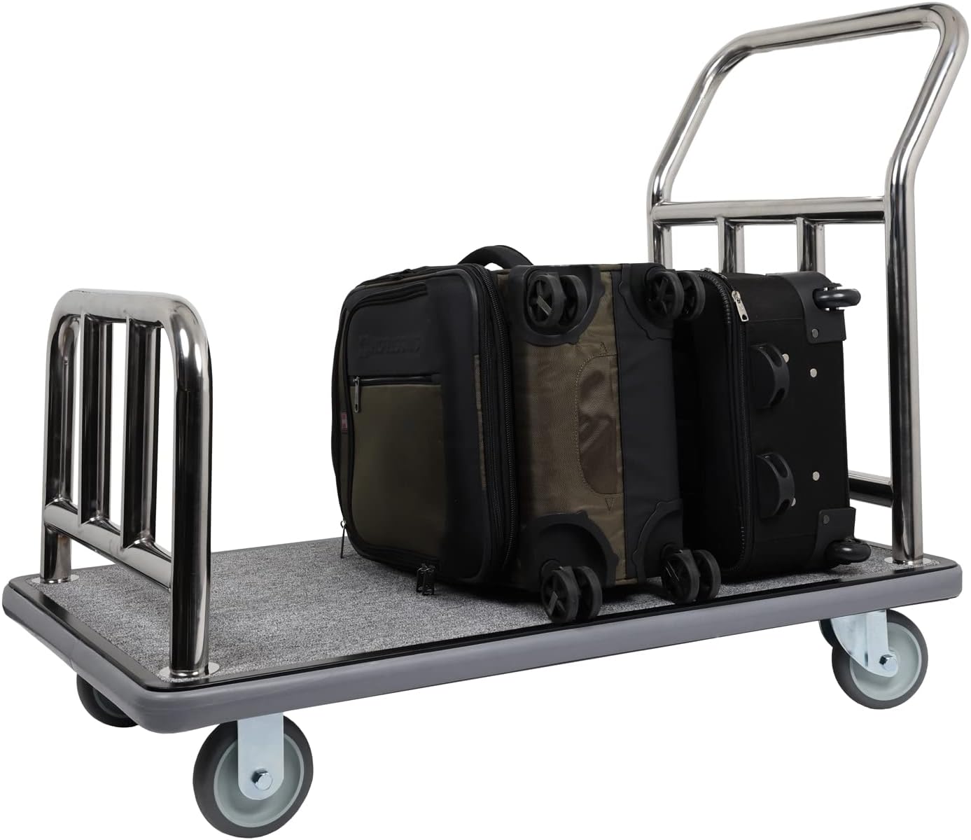 Value Valet Utility Cart - Stainless Steel Hotel Cart w/ Grey Carpet & 5" Wheels - Transporter Condo - Luggage Roller for Travel, Resorts, Conference & Residential Use