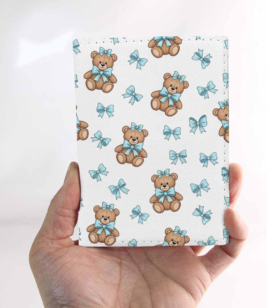 Teddy Bear Passport Holder for Travel Rag Doll with Blue Bow PU Leather Passport Cover Wallet Cute Passport Card Holder for Women and Men