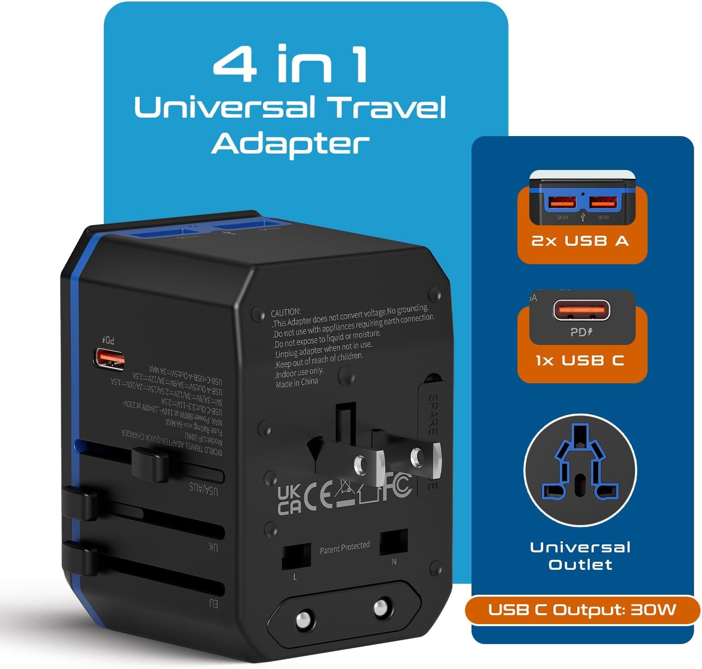Ceptics International Power Adapter, World Travel adapter w/ PD 30W USB-C - 2 USB-A Ports Universal