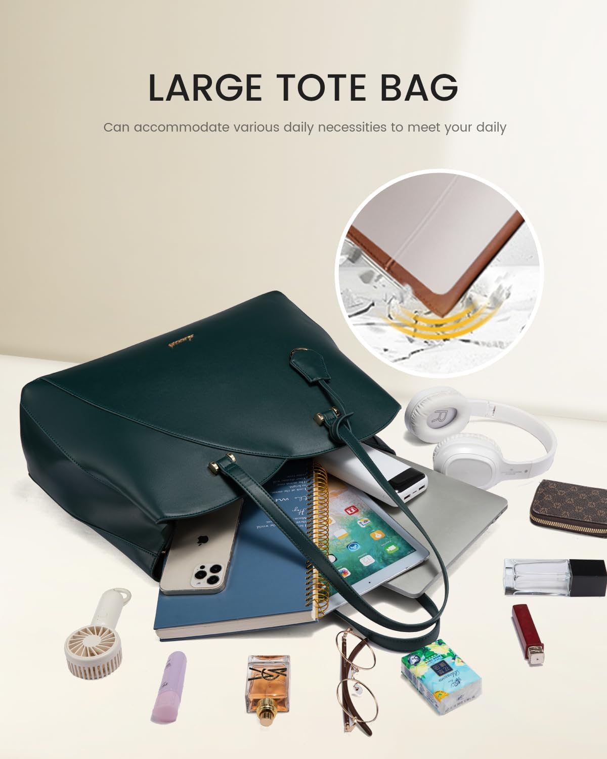 LOVEVOOK Tote Bag Large Handbags for Women, Teacher Work Laptop Tote Purse, Leather Computer Bag Professional Briefcase, Green, Fits 15.6 Inch Laptop