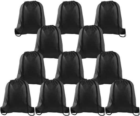 KUUQA 12 Pcs Drawstring Backpack Bags Sport Gym Sack Cinch Bags Bulk for School Traveling and Storage (Black)