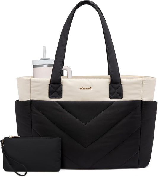 LOVEVOOK Tote Bag for Women, Puffer Work Travel Handbag with Zipper for Teacher Nurse, Quilted Cute Laptop Shoulder Gym Bag
