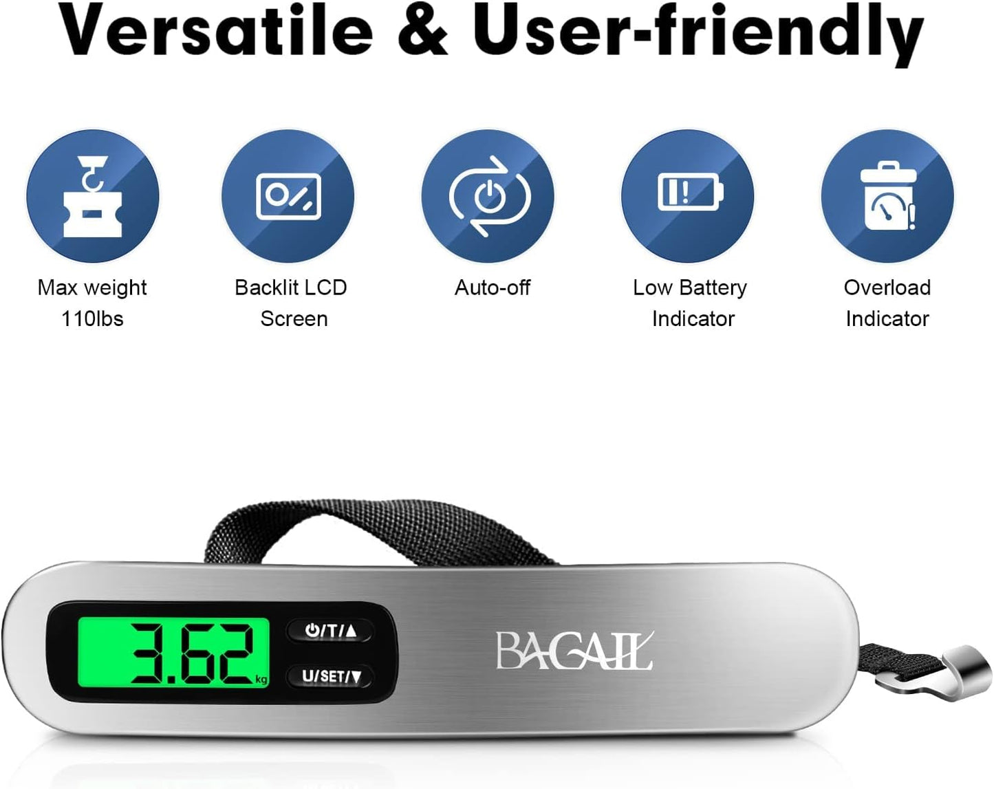 BAGAIL Digital Luggage Scale, 110lbs Hanging Baggage Scale with Backlit LCD Display, Portable Suitcase Weighing Scale, Travel Luggage Weight Scale with Hook, Strong Straps for Travelers