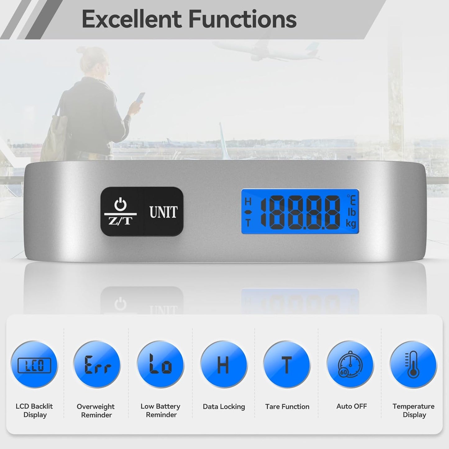 Luggage Scale Dr.meter Travel Essentials Luggage Weight Scale Backlight LCD Display 110lb/50kg Electronic Balance Digital Postal Travel Accessories with Rubber Paint Handle Temperature Sensor Silver