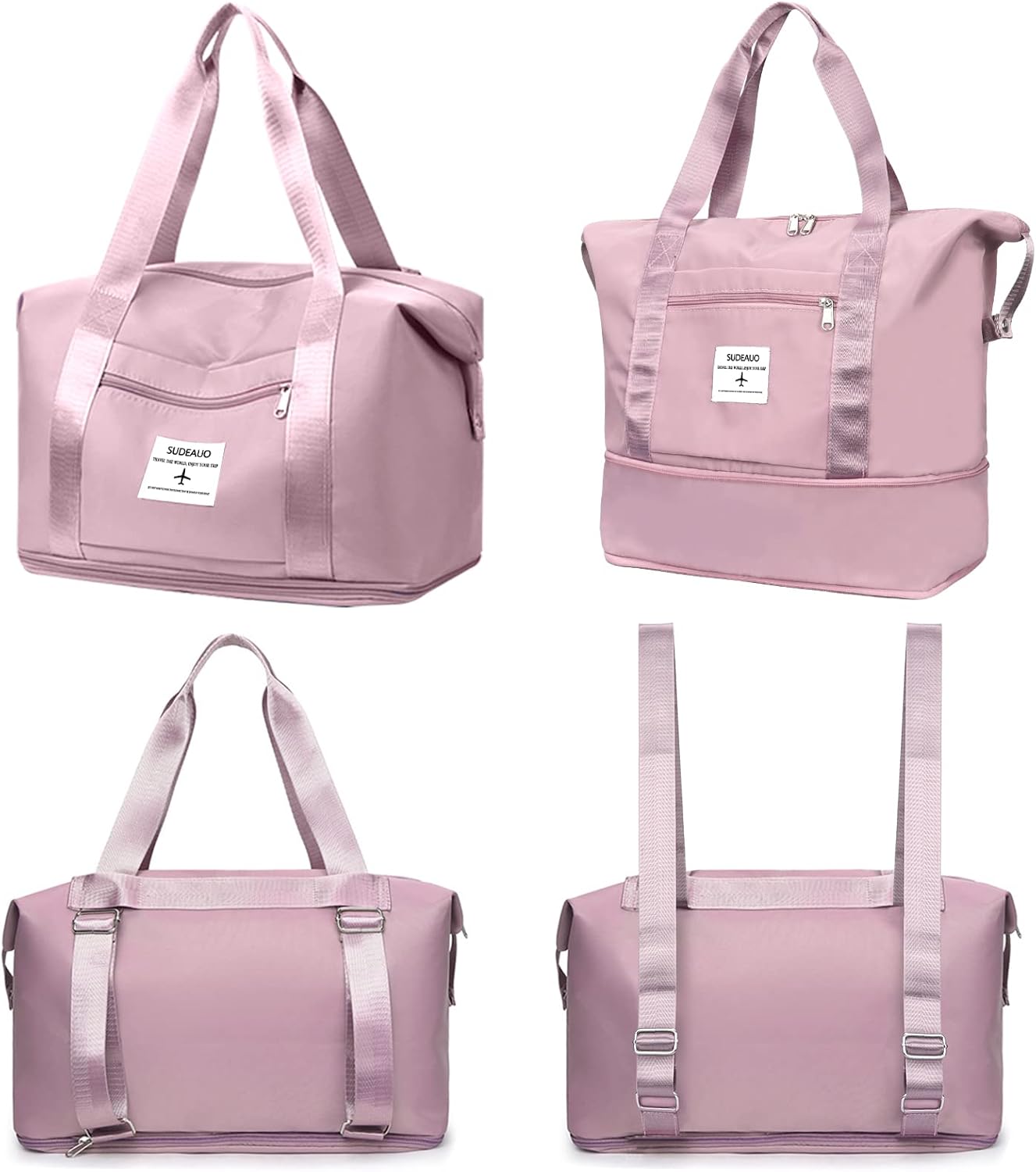Large Capacity Folding Travel Tote Bag, Oxford Fabric Waterproof Lightweight Foldable Travel Duffel Bag, Portable Expandable Travel Bag, Dry and Wet Separation Carry On Bag for Airplanes (Pink-2)