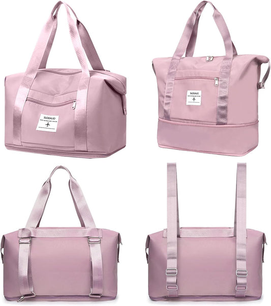 Large Capacity Folding Travel Tote Bag, Oxford Fabric Waterproof Lightweight Foldable Travel Duffel Bag, Portable Expandable Travel Bag, Dry and Wet Separation Carry On Bag for Airplanes (Pink-2)