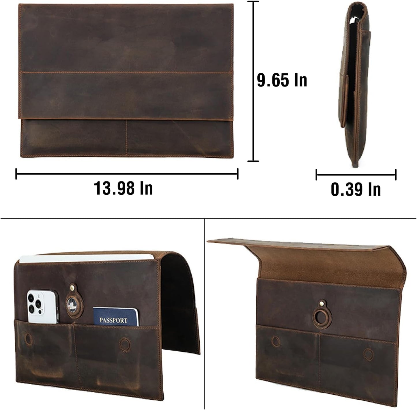 Top Grain Leather 14.2" Slim Laptop Sleeve Bag, Magnet Clasp Closure Style & 3 Pockets & Tracker Holder, Fully Handmade, Fits MacBook Pro/Air 14.2"/13.3"/Cellphone/Passport, Coffee 14.2 Inch