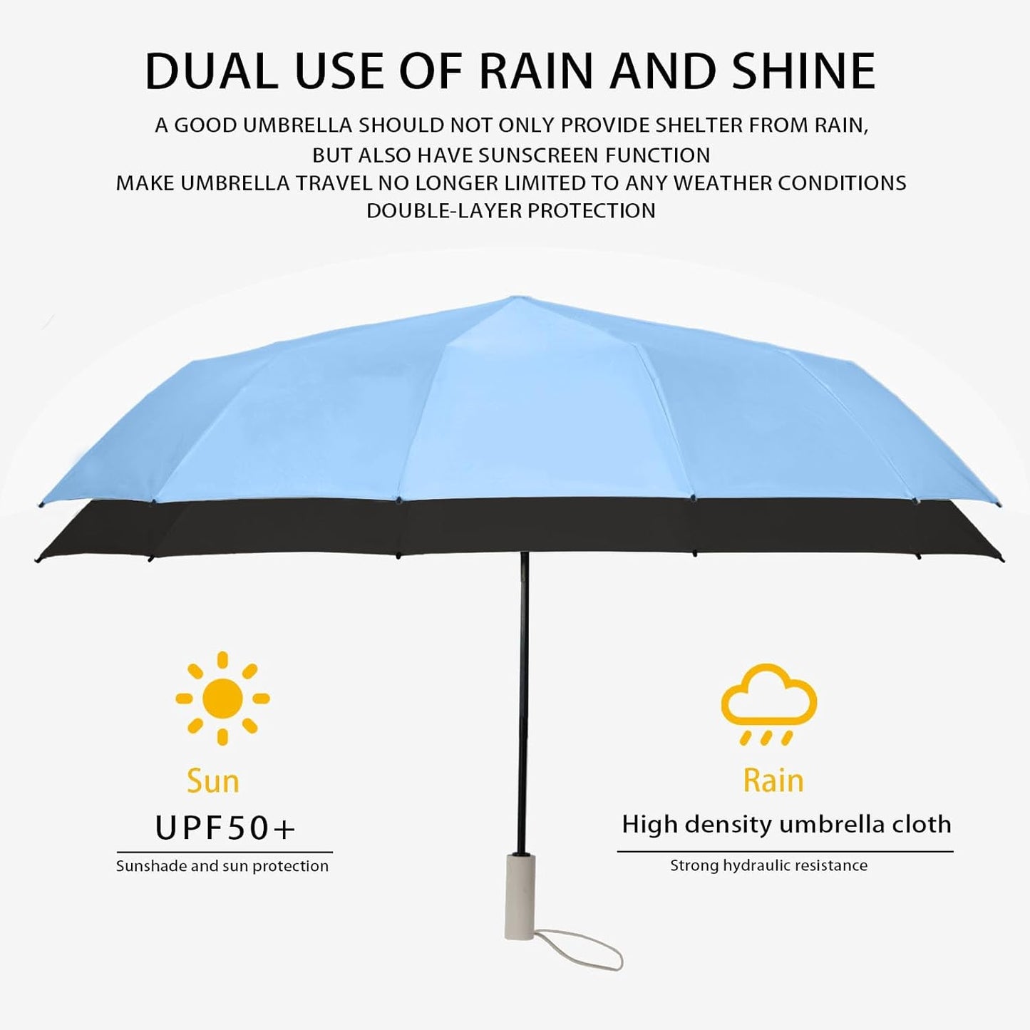 Large Automatic Umbrella - Windproof Travel Compact Folding Umbrella with Automatic Open & Close for Men and Women -creamy-black