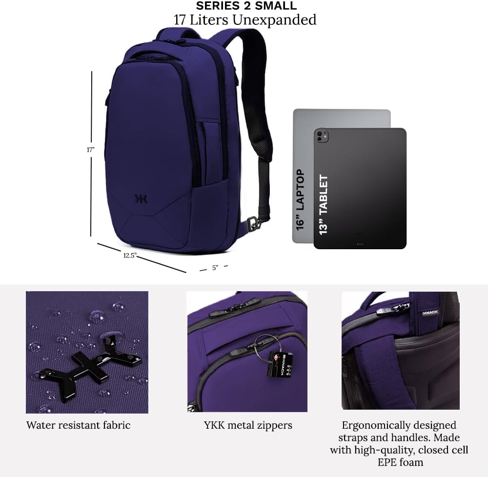 Knack Small Series 2 Laptop Backpack Fits up to 16 Inch Laptops - Knack Bags Carry-On Backpack, TSA Approved, Expandable Travel Backpacks With 2 Day Outfit Capacity, Berry Blue