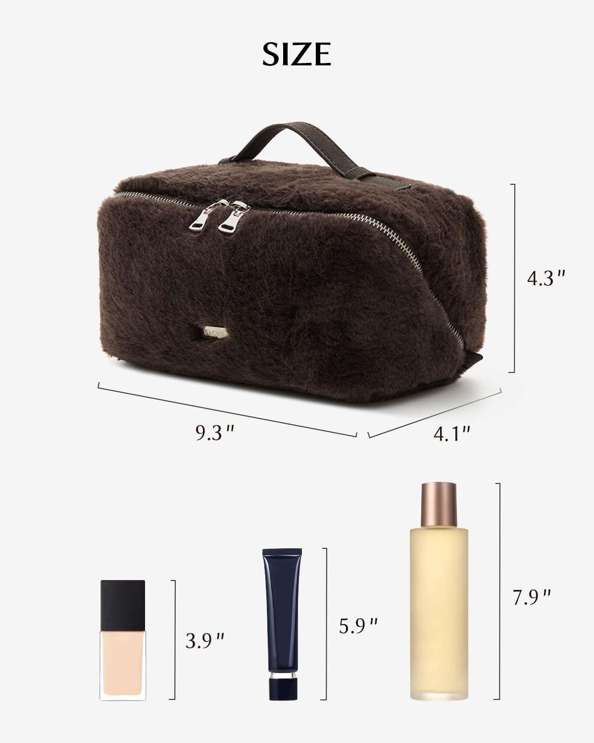 EACHY Travel Makeup Bag,Cute Faux Fur Cosmetic Bag for Women,Portable 180°Wide-Open Flat Toiletry Bag,Large Capacity Makeup Pouch Make up Organizer with Divider and Handle