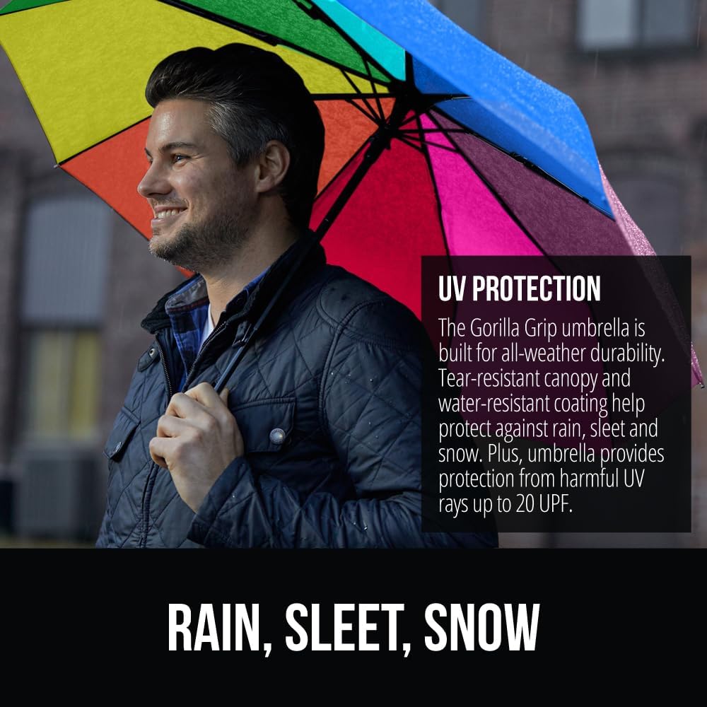 GORILLA GRIP Strong Windproof Stick Compact Umbrella for Rain, One-Click Automatic Open and Close, Durable Quick Dry Waterproof Material, Lightweight and Portable, Travel Size Fits Backpack, Rainbow
