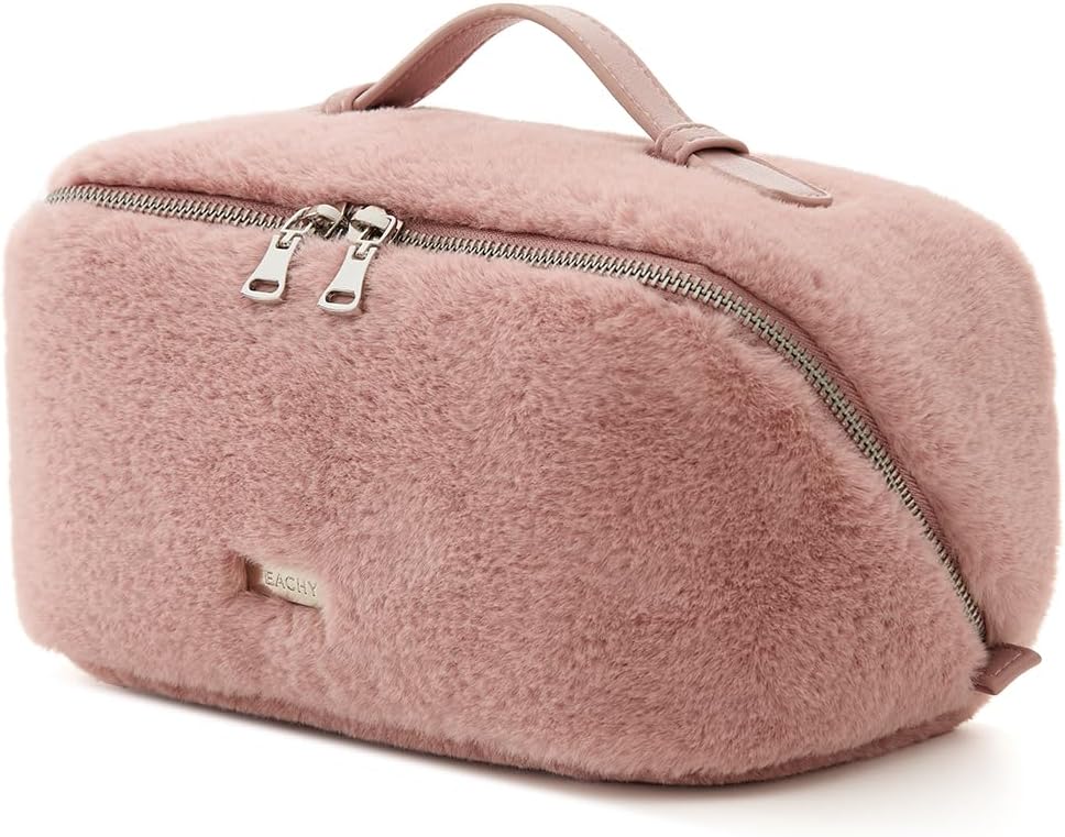 EACHY Travel Makeup Bag,Cute Faux Fur Cosmetic Bag for Women,Portable 180°Wide-Open Flat Toiletry Bag,Large Capacity Makeup Pouch Make up Organizer with Divider and Handle