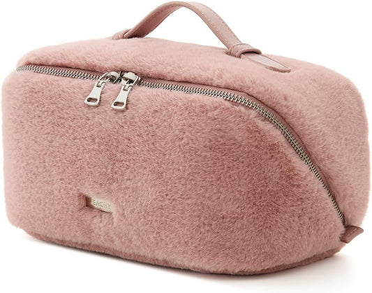EACHY Travel Makeup Bag,Cute Faux Fur Cosmetic Bag for Women,Portable 180°Wide-Open Flat Toiletry Bag,Large Capacity Makeup Pouch Make up Organizer with Divider and Handle