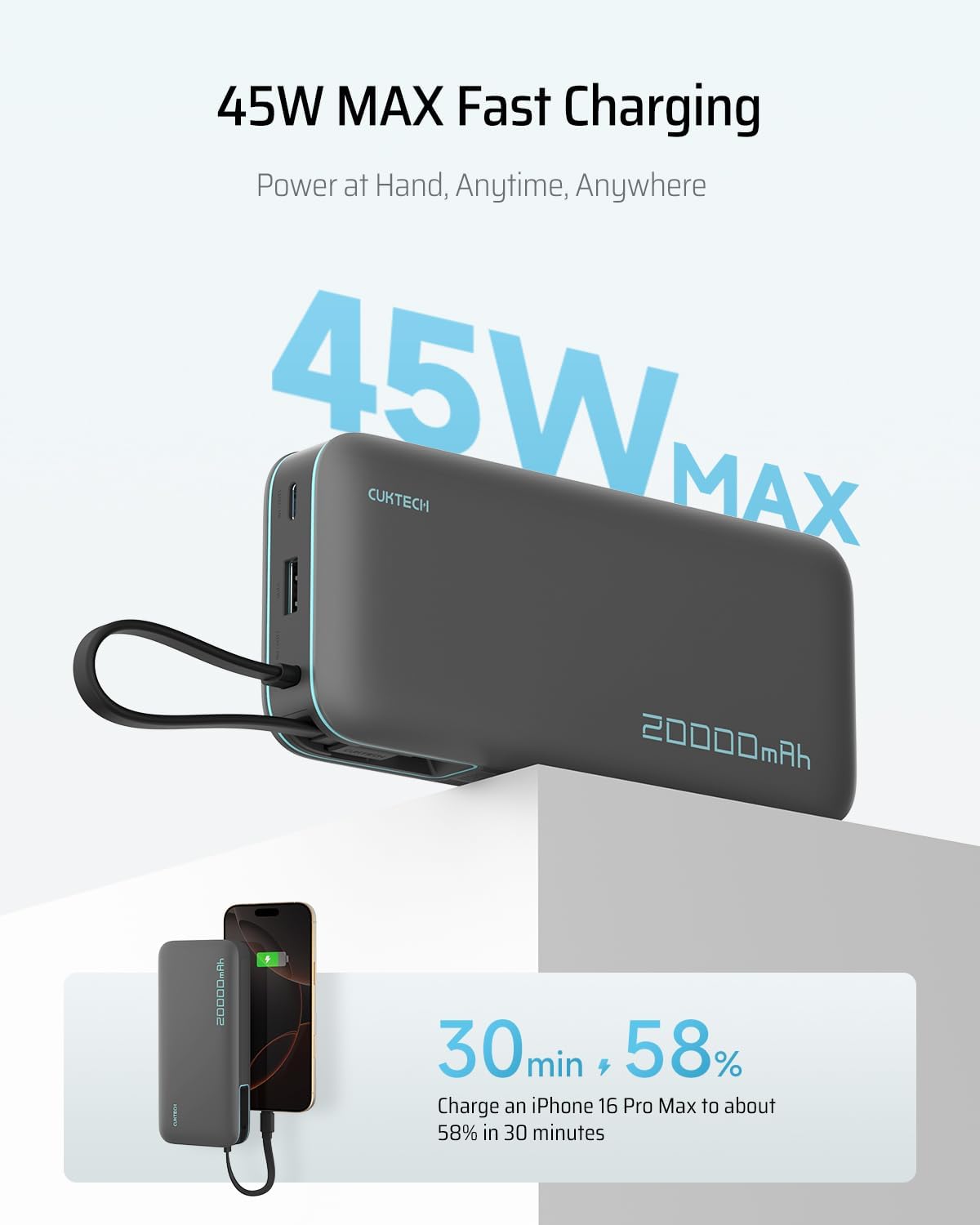 CUKTECH 45W Power Bank 20000mAh, Portable Travel Charger Built-in USB C Cable, Fast Charging Battery Pack for iPhone 16/15/14/13, iPad, Samsung Galaxy, Google Pixel, Android and More (Gray)