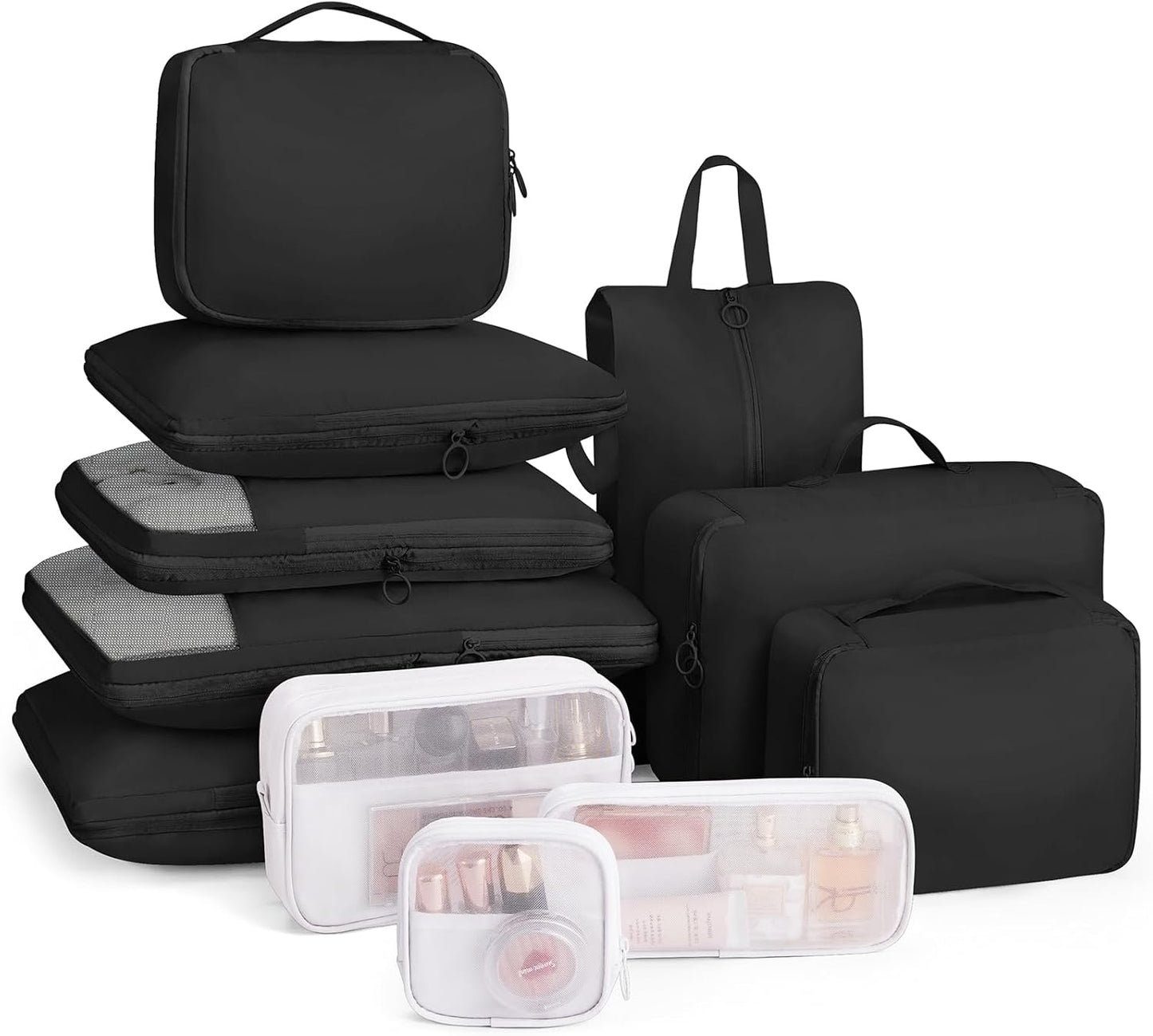 Compression Packing Cubes 11 Set - Expandable Suitcase Organizers, Luggage Bags for Travel Essentials - Black