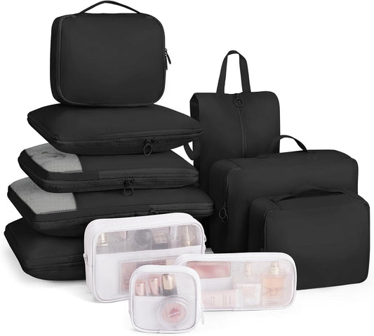 Compression Packing Cubes 11 Set - Expandable Suitcase Organizers, Luggage Bags for Travel Essentials - Black