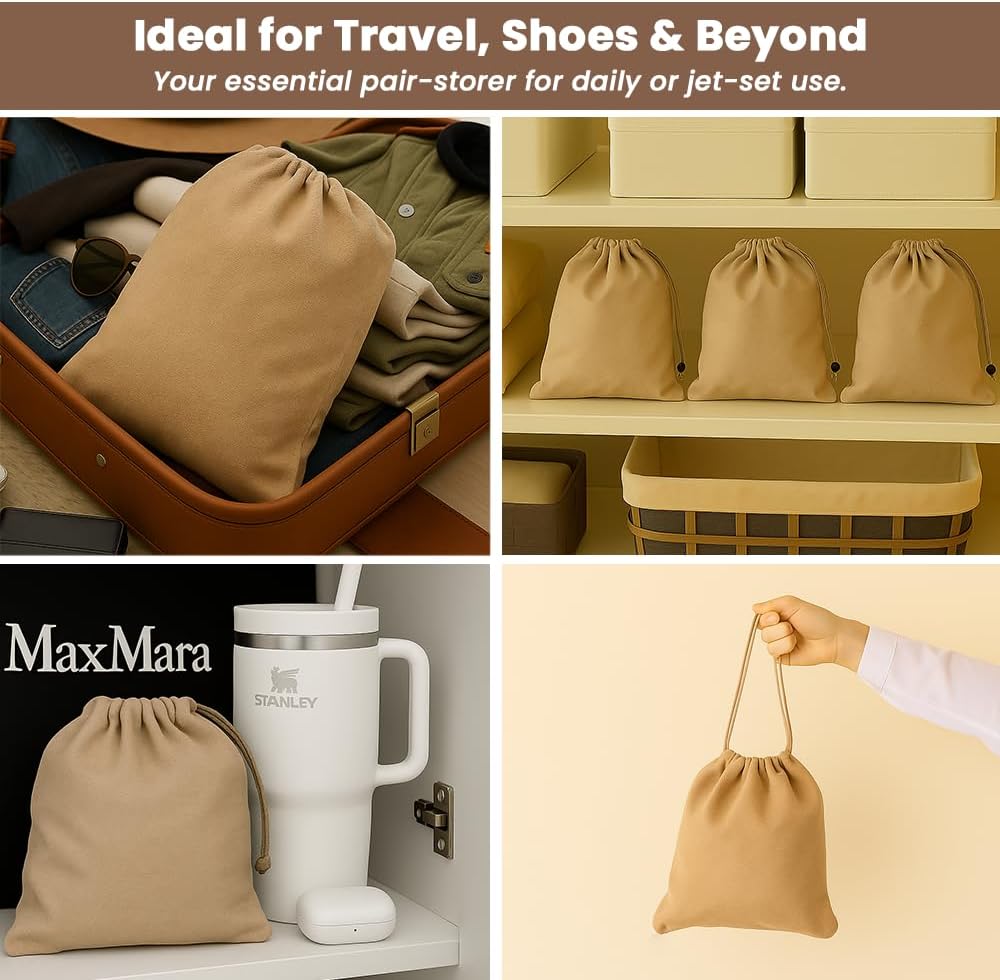 LFH Cotton Rich Shoe Storage Bags with Drawstring, Dustproof Breathable Reusable Organizer, Perfect For Travel, Dorm, Hotel, College, Gym, Easy to Carry, Machine Washable 8"x17" (Pack of 2) - Beige