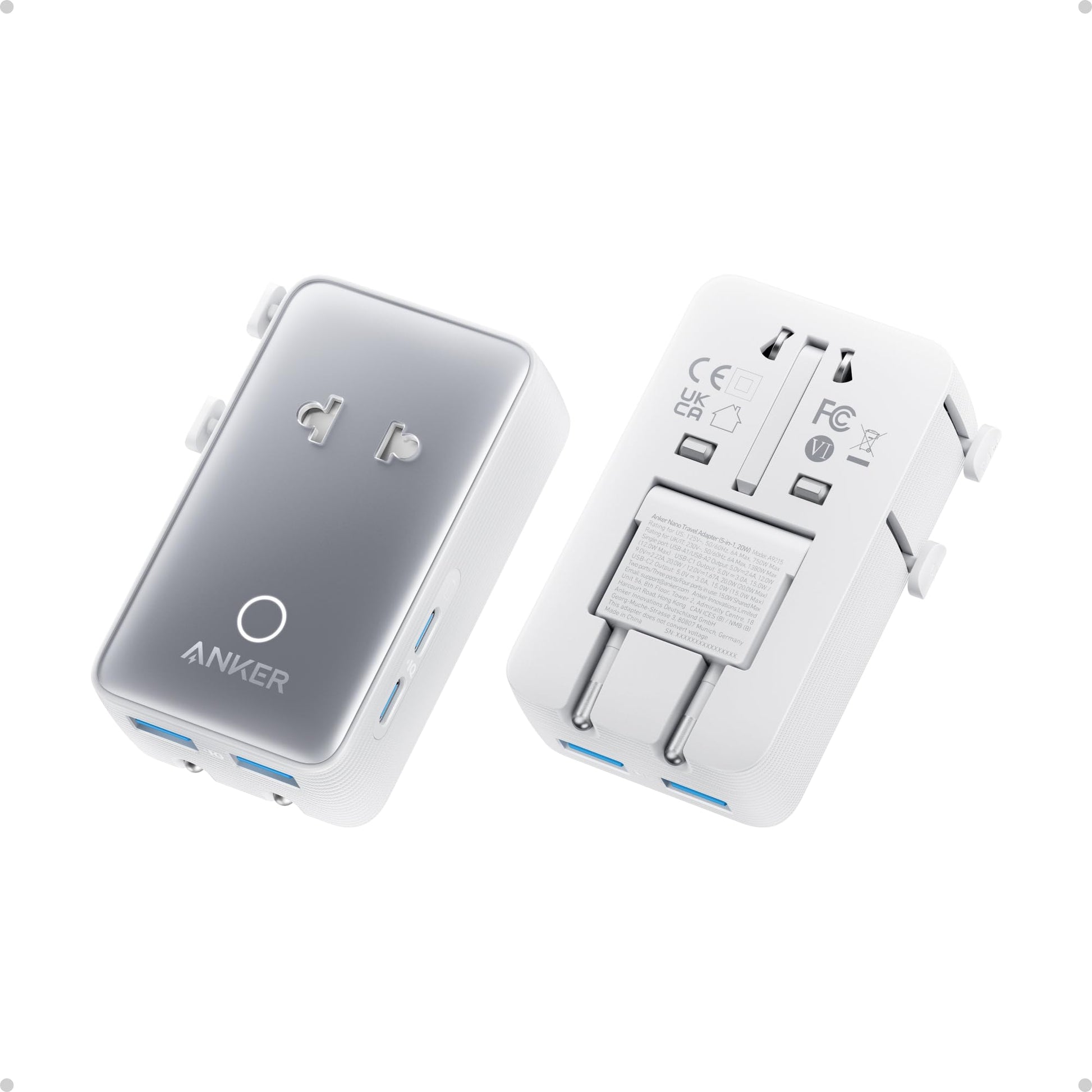 Anker Nano Travel Adapter, 2 USB C Universal Charger, 20W, 1× 2-Pin AC