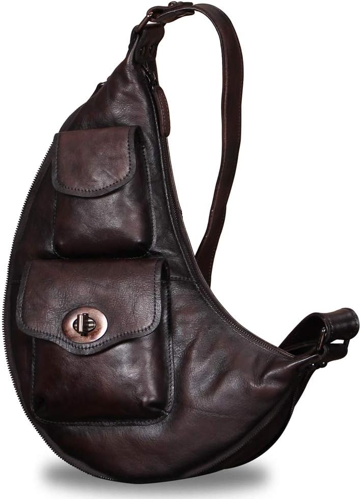 Genuine Leather Large Sling Bag for Men and Women Vintage Real Leather Sling Backpack Shoulder Crossbody Bag Chest Bag