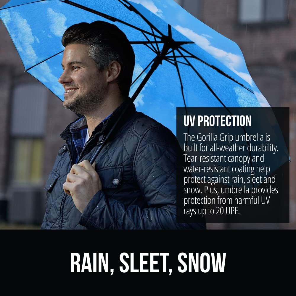 GORILLA GRIP Strong Windproof Stick Compact Umbrella for Rain, One-Click Automatic Open and Close, Durable Quick Dry Waterproof Material, Lightweight and Portable, Travel Size Fits Backpack, Sky Blue