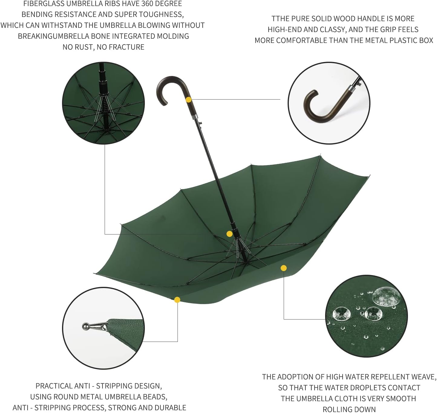 TIME LOVER Stick Umbrella Oversize Windproof Umbrella Wooden Hook Handle J Stick Automatic Open Fast Drying Umbrella for Men Women(Dark Green)