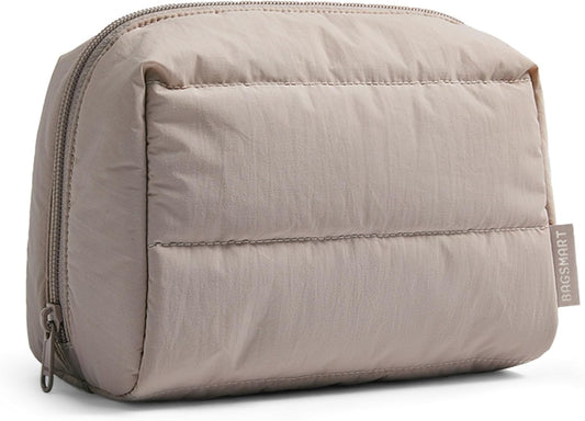 BAGSMART Puffy Makeup Bag, Wide Opening Cosmetic Bag Compact & Spacious, Water-Resistant Travel Organizer Pouches for Women (Camel)