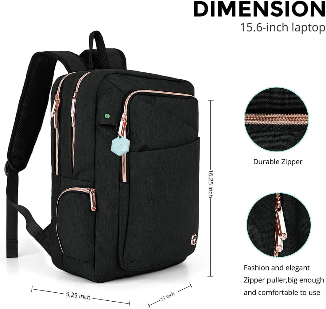 Swissdigital Design Business Backpack For Women with Rose Gold-Tone Zippers College Travel Laptop Backpack With Apple Find My Network,Fits 15.6 inch Laptop,Black | KATY ROSE