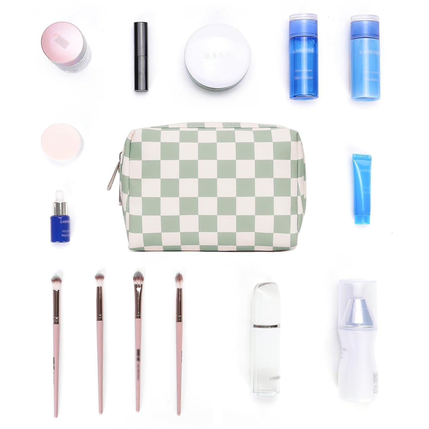 Narwey Small Checkered Makeup Bag for Purse Mini Cosmetic Bag Travel Makeup Pouch Zipper Pouch Cute Make up Bags with Compartments for Women Girls (Mint Green Checkerboard, Small)