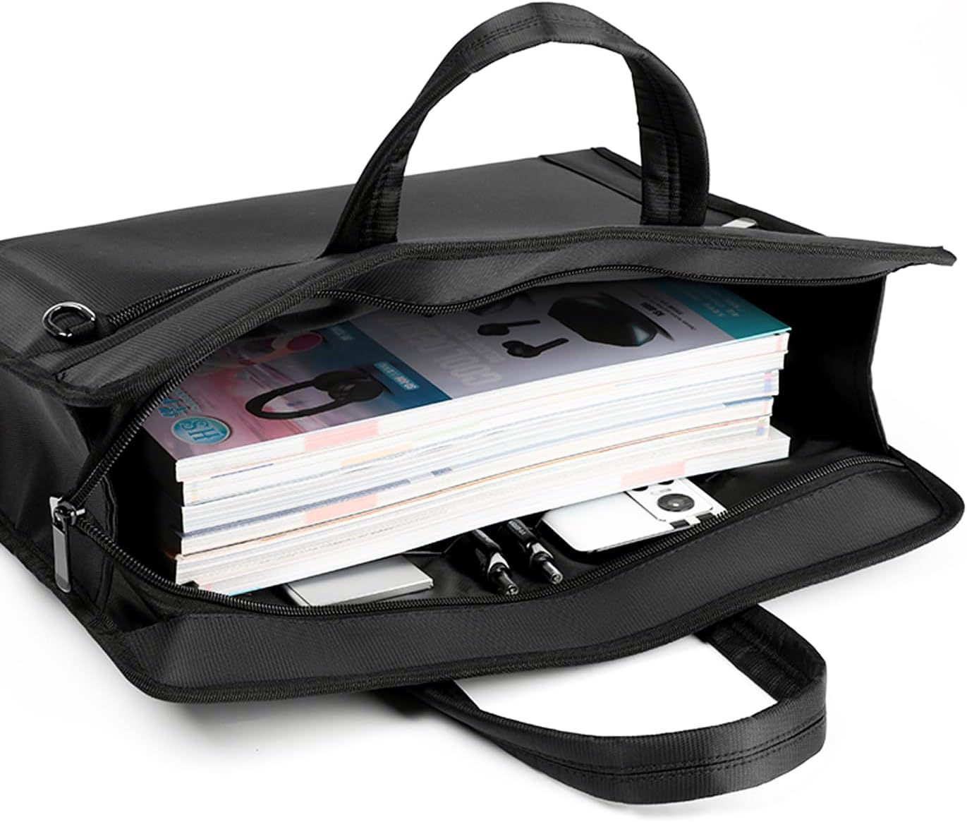 Black Oxford Handle Document Bag with Zipper Briefcase for Men File Tote Bag for Carrying Paper Files (Horizontal)