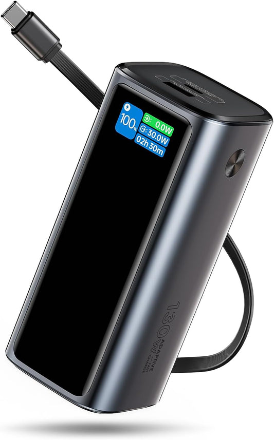 Laptop Power Bank, 130W Portable Charger with Dual Ports & Built-in Retractable Cable, 20000mAh Portable Power Bank with Smart Digital Display, for iPhone 17/16/15 Pro/Pro Max Series, MacBook, Android