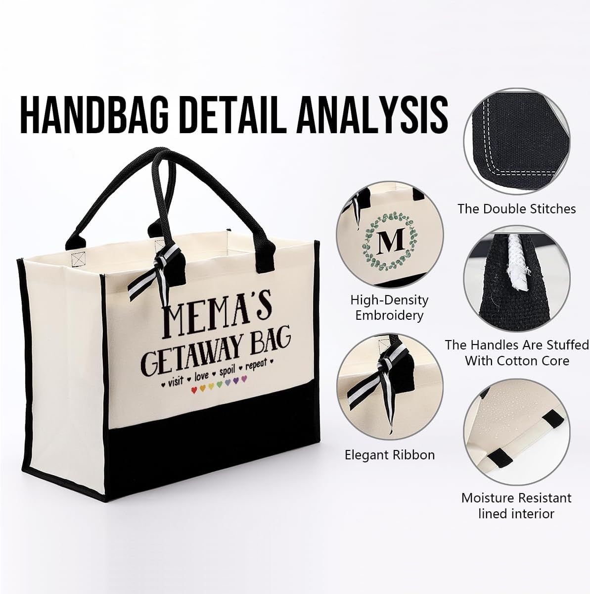 Canvas Bag Gift for Mema, Mema Gift, Mema's Getaway Bag, Cotton Canvas Tote Bag, Shoulder Beach Bag, Reusable Shopping Bag, Women Canvas Bag Gift for Mema, Birthday Mother's Day Gift for Mom Grandma