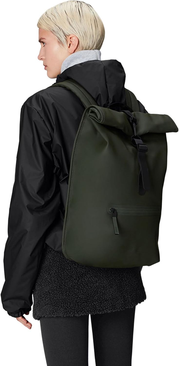 RAINS Rolltop Rucksack Green Waterproof Rolltop Backpack Water Resistant Water Repellent Commuter Travel Pack Urban Minimalist Design 2 Year Warranty