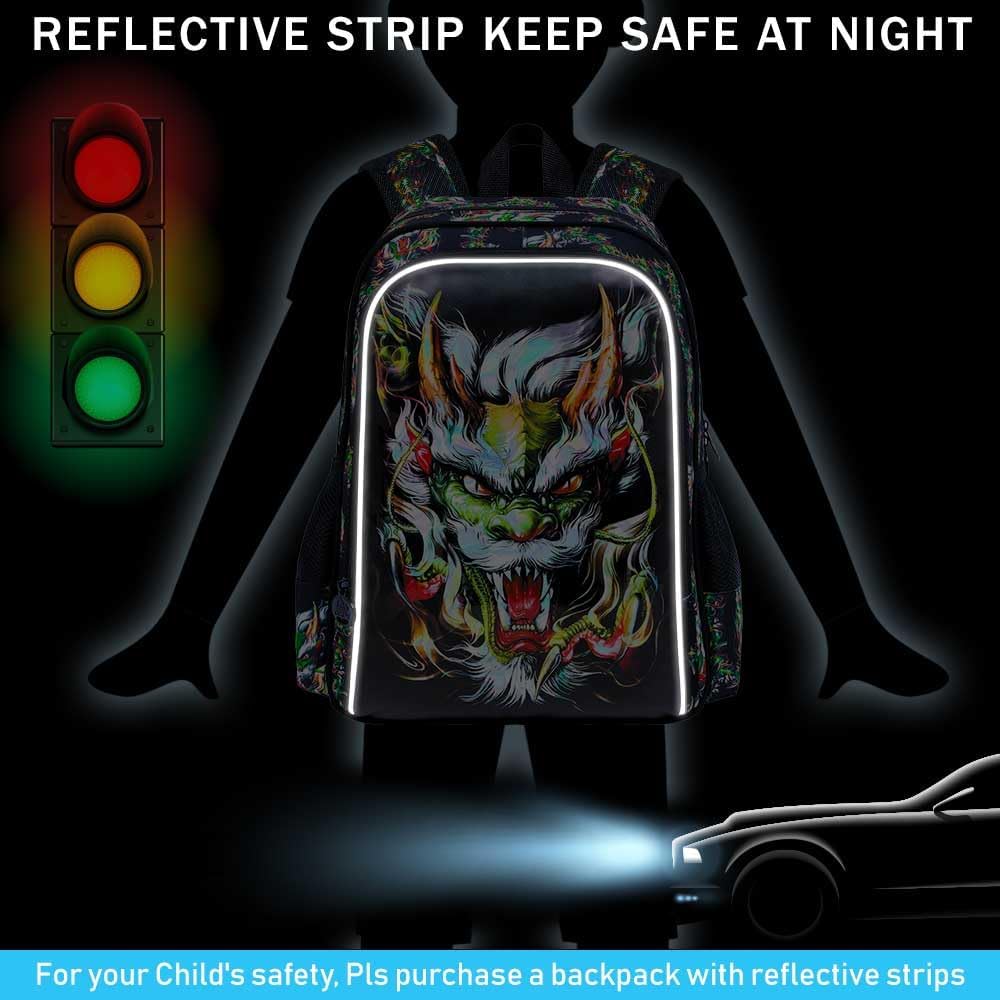 UFNDC 3PCS Kids Dragon Backpack, Boys School Bag with Lunch Box, 17" Water Resistant Bookbag for Teenagers Elementary Middle