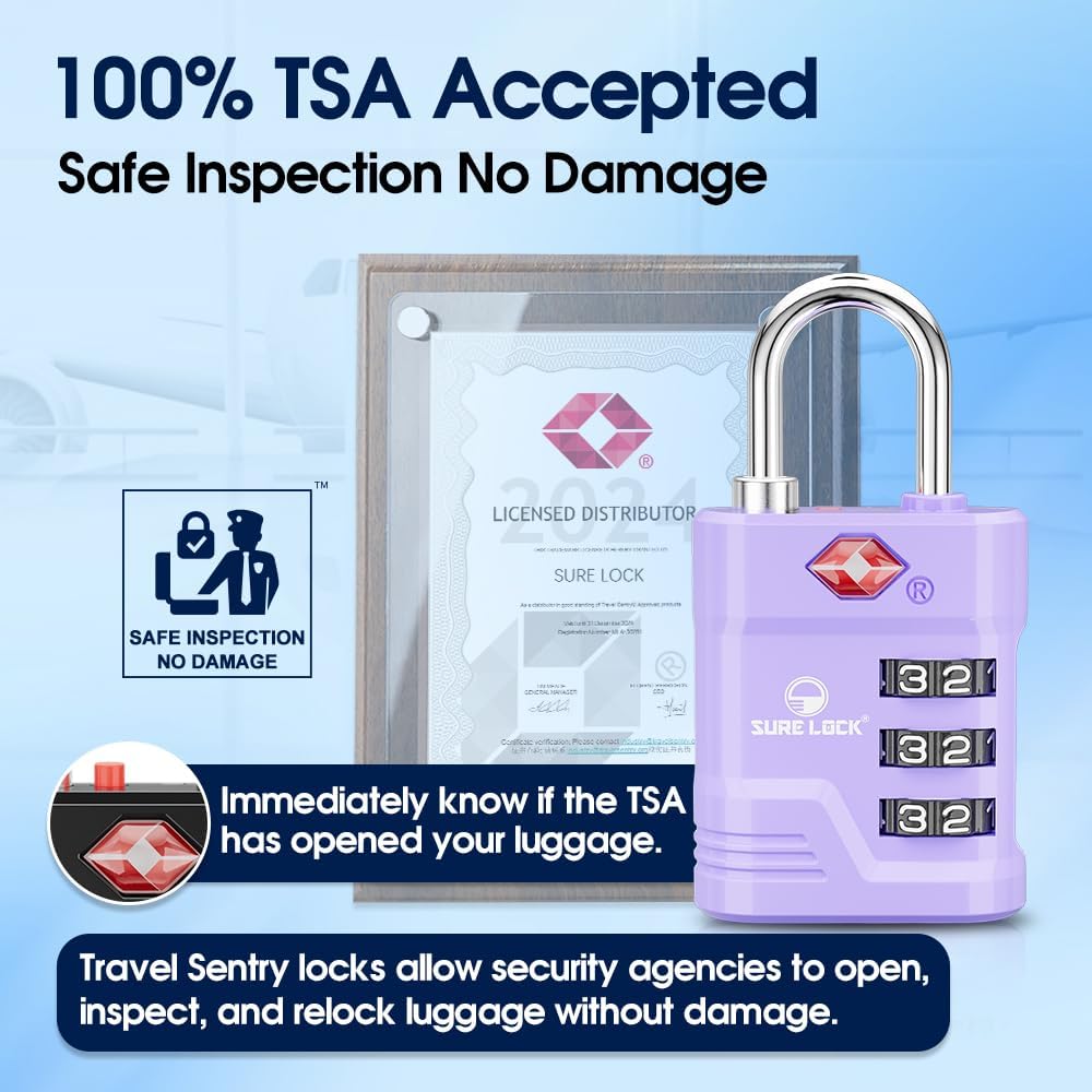 SURE LOCK TSA Locks for Luggage, TSA Approved Luggage Locks with Open Alert, 008 Key for High Security, Easy Read Dials, Zinc Alloy Body, Locker Lock for Suitcase, Gym, Travel. (Purple 2 pk)