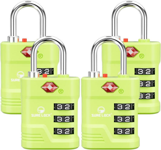 SURE LOCK TSA Locks for Luggage, TSA Approved Luggage Locks with Open Alert, 008 Key for High Security, Easy Read Dials, Zinc Alloy Body, Locker Lock for Suitcase, Gym, Travel. (Green 4 pk)