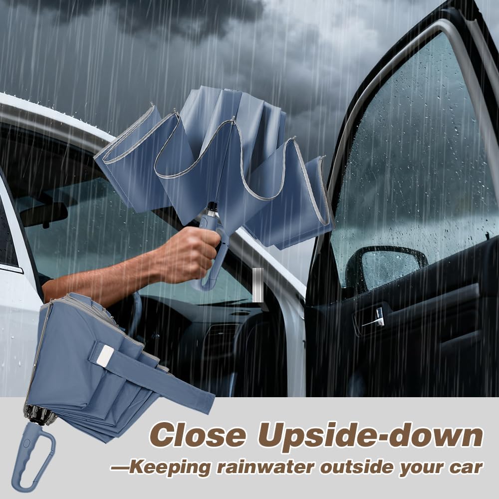 TOPSAIL 10 Ribs Inverted Umbrella with Carabiner Handle, Large Strong Windproof Umbrellas for Rain
