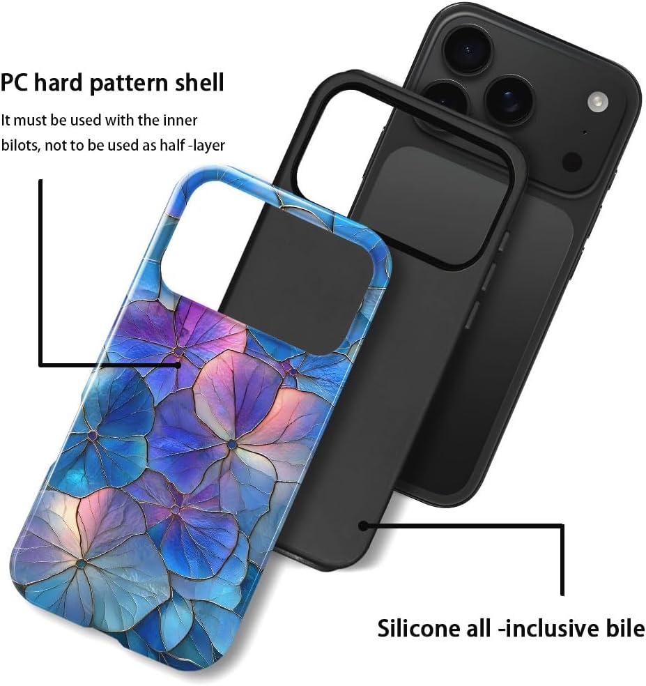 Case for iPhone 17 Pro - Slim Fit Anti-Scratch Phone Case for Girl Women - Blue Hydrangea Floral Stained Glass Aesthetic (Glossy)