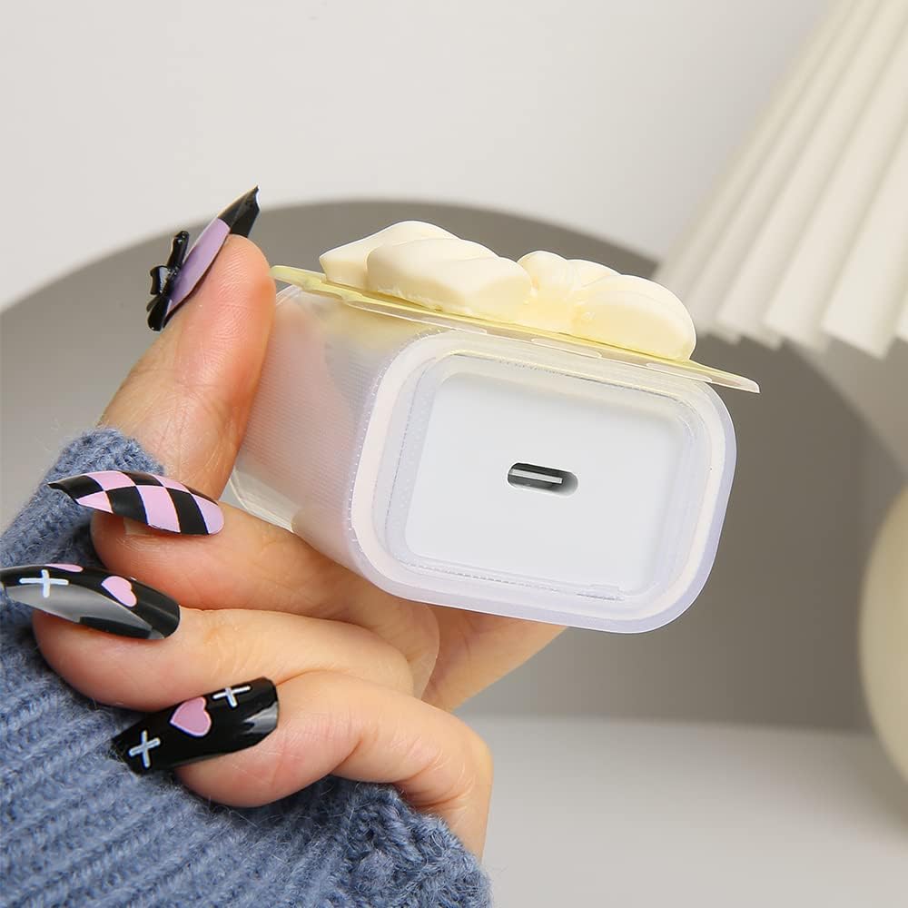 Compatible with iPhone 18W/20W USB-C Charger Cover Cute 3D Bow Tie Design Clear Soft Charger Protector Kawaii Cable Saver for iPhone 11 12 13 14 Pro Max Fast Power Adapter, Beige 2 (5in1)