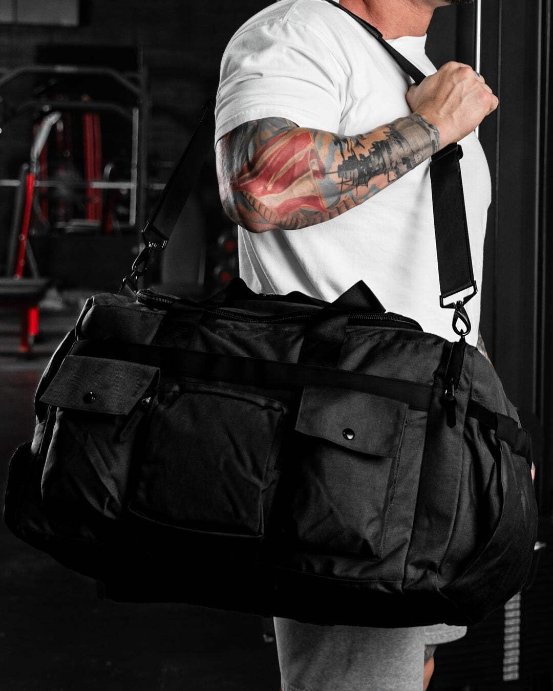 PLUS 63L Large Duffel Bag – Spacious, Durable Gym Bag with Dual Shoe Storage, Multiple Compartments & YKK Zippers for Fitness & Travel - Redwood (Black, Large 63L)