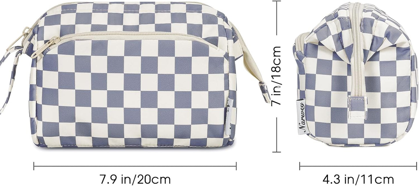 Narwey Checkered Makeup Bag Women Wide-open Make up Bag Travel Cosmetic Bag Organizer Toiletry Bag for Cosmetics Toiletries Accessories (Greyish Blue Checkerboard)
