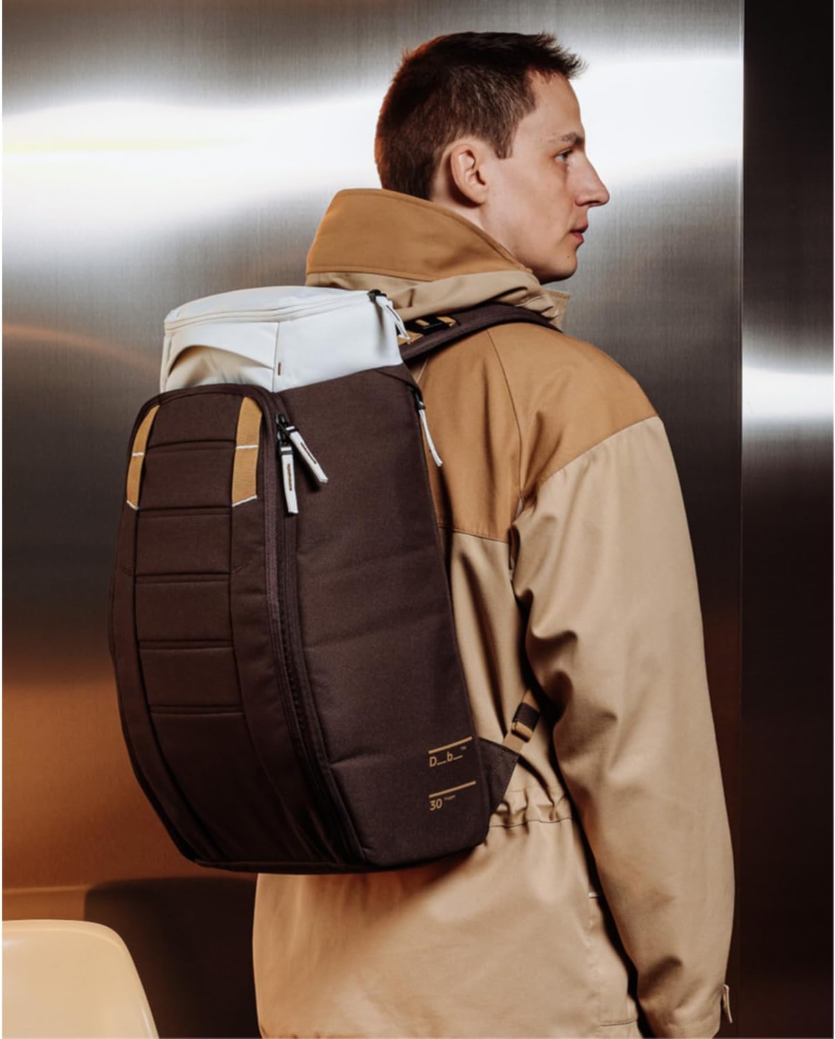 Db Journey The Hugger - Durable Travel Backpack with Laptop Compartment for Work & Gym, Luggage Backpack with Roller Bag Attachment, Full-Zip Main Compartment, 30L - Cappuccino