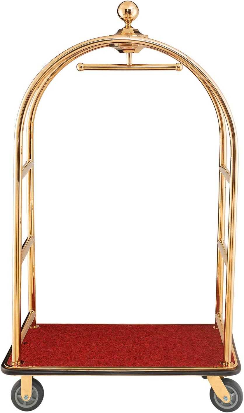 Global Industrial Gold Stainless Steel Bellman Cart Curved Uprights 6" Rubber Casters, 41-1/4"L x 24" W x 73" H, Hotel Luggage Cart for Commercial Use, Condos, Resorts