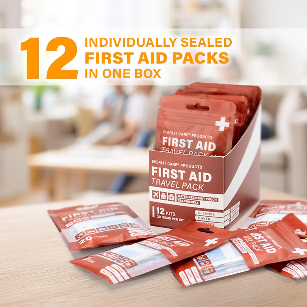 EVERLIT CARE Travel Bandage Pack | 12 Individual Packets, Bulk Portable Mini First Aid Kit with 20