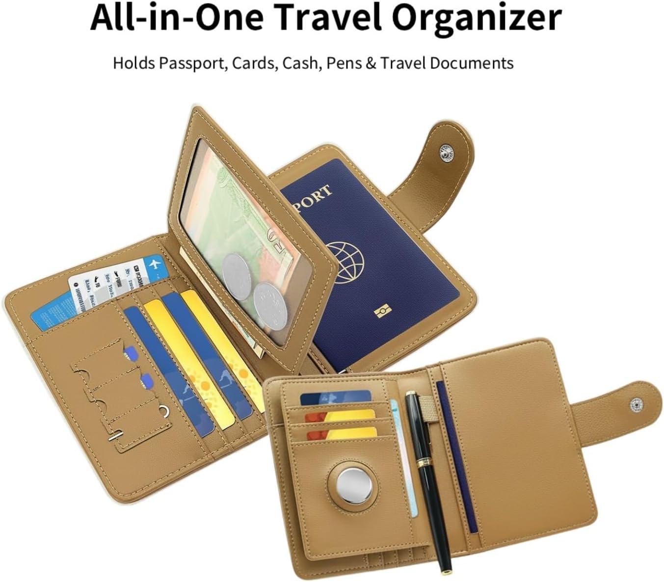 RFID Blocking Leather Passport Holder for Travel, Airtag Passport Wallet for Men and Women, Cards, Passport, Tickets, Cash, Photo and Sim Card Pen Slot (Apricot)