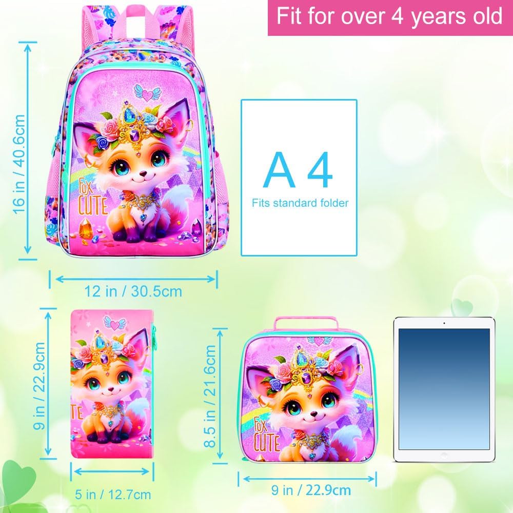 3Pcs Fox Backpack for Girls, 16" Kids School Backpacks with Lunch Box, Bookbag for Elementary