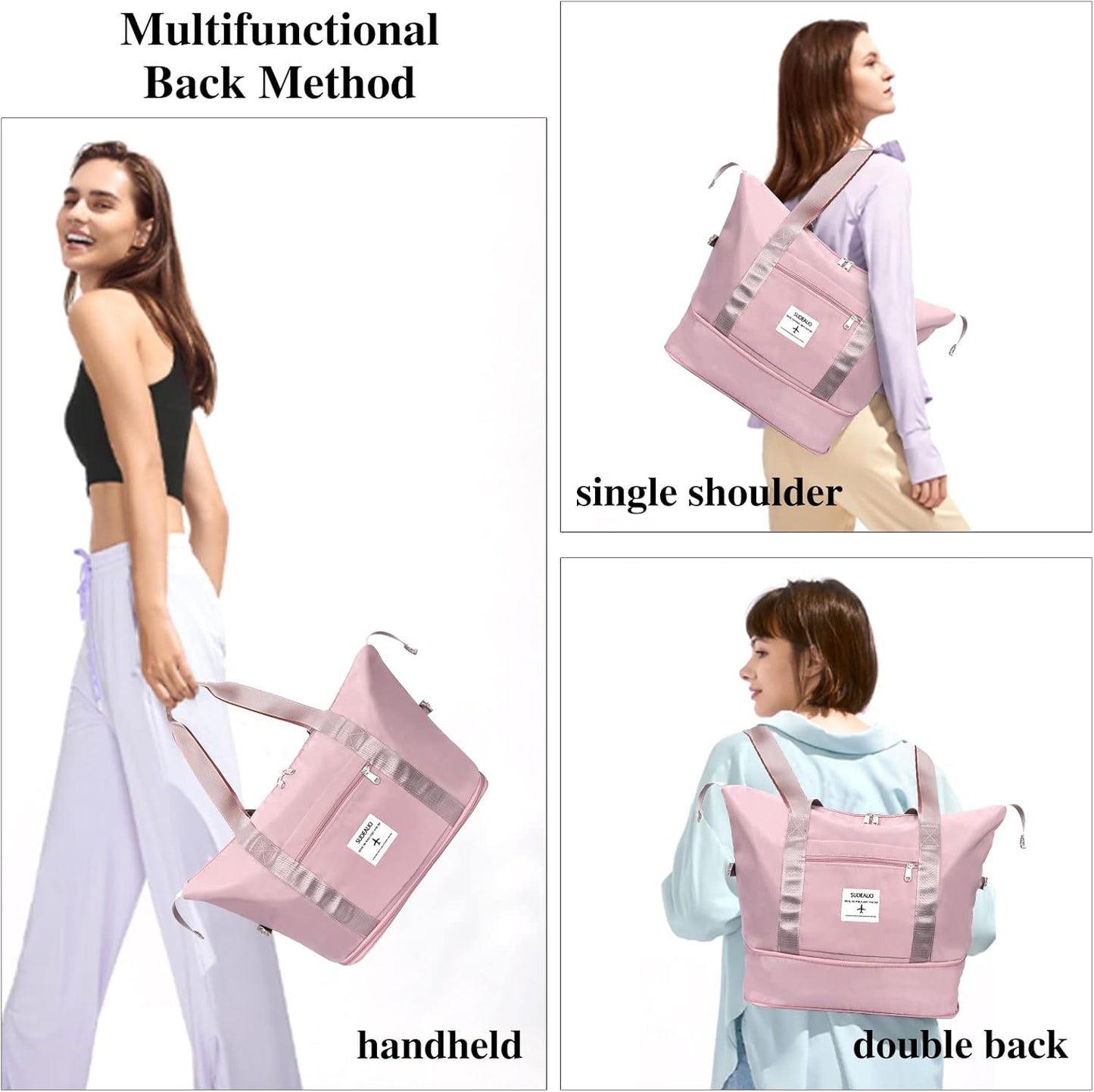 Large Capacity Folding Travel Tote Bag, Oxford Fabric Waterproof Lightweight Foldable Travel Duffel Bag, Portable Expandable Travel Bag, Dry and Wet Separation Carry On Bag for Airplanes (Pink-2)