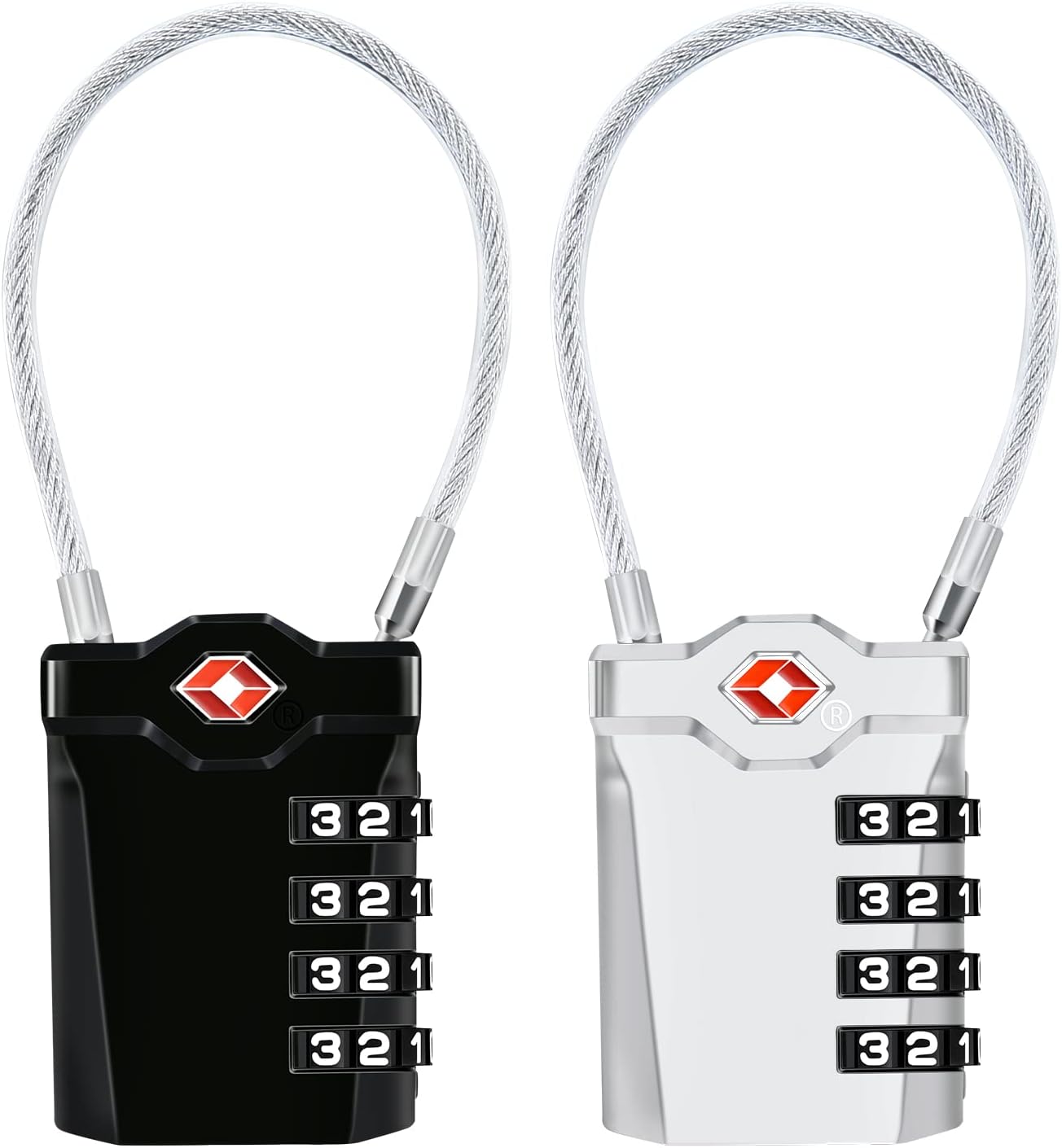 2 Packs TSA Luggage Locks with 14cm Flexible Cable, Diyife 4-Digit Combination Lock Security Padlock Travel Lock for Suitcase Luggage Backpack School or Gym Cabinet, etc. (Black & Sliver)