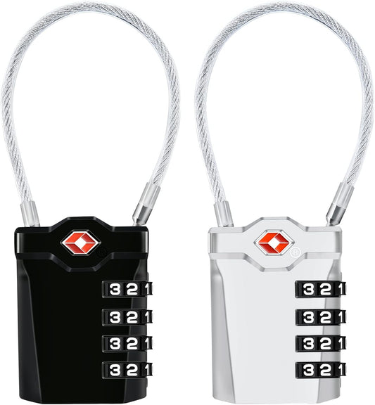 2 Packs TSA Luggage Locks with 14cm Flexible Cable, Diyife 4-Digit Combination Lock Security Padlock Travel Lock for Suitcase Luggage Backpack School or Gym Cabinet, etc. (Black & Sliver)