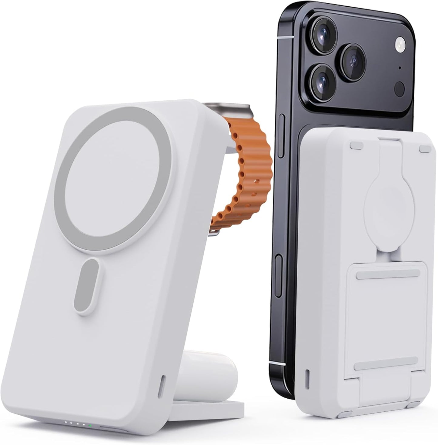 3-in-1 Portable Charger, 10000mAh Foldable Power Bank Fast Charging,MagSafe Charger Battery Pack Magnetic,Travel Wireless Charging Station for iPhone 17/16/15/14/13/12,iWatch, Air pods, White