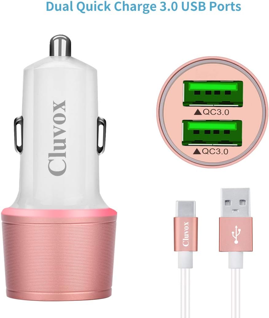 Fast USB C Car Charger, Compatible for Samsung Galaxy S22/S21/S20 Plus/Ultra/S20 FE/S10+/S10e/S9/S8/Note 10/9/8/A20/A50/A70 Quick Charge 3.0 Dual USB Rapid Car Charger with Type C Cord 3.3ft-Rose Gold